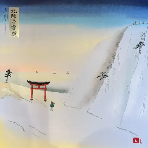 雪の断崖と朱の鳥居、雪道を歩く笠の旅人