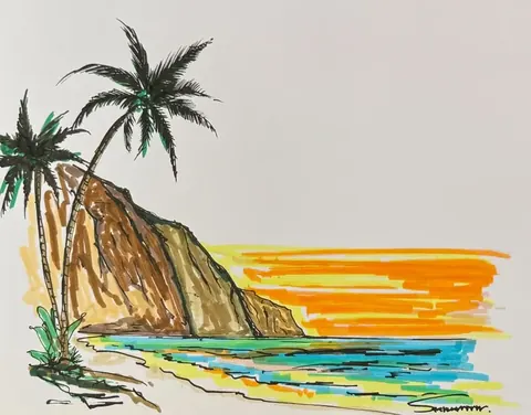 マーカーで描いた断崖と夕焼けの海のスケッチ