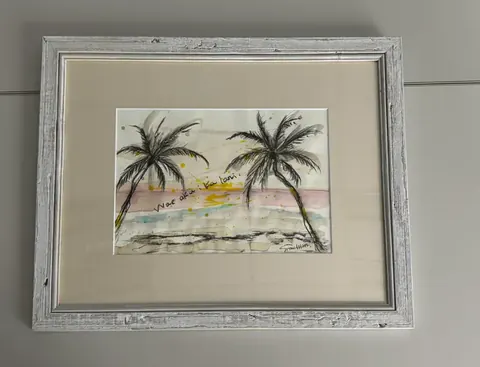 墨で描いたヤシと水彩のにじみの額装作品