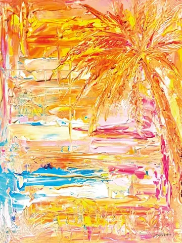 厚塗りの絵具で描いたオレンジのヤシと夕陽の海